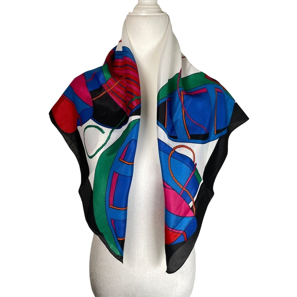 Vintage 1992 Liz Claiborne Nautical Boat Print Square Scarf Blue Green 31x31 - Picture 2 of 13